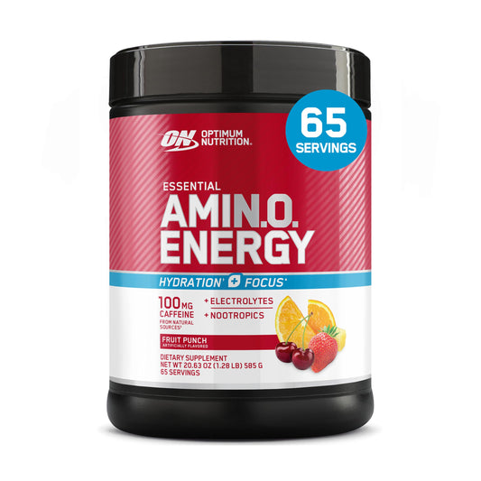 Optimum Nutrition Amino Energy Powder Plus Focus fruit punch tub fuels workouts with natural caffeine