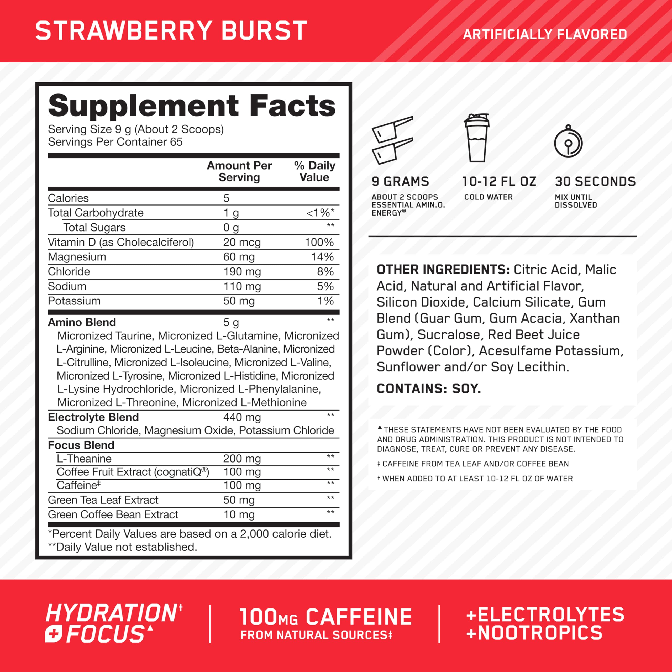 Optimum Nutrition Amino Energy Plus Focus in a glass with ice for a refreshing serve.