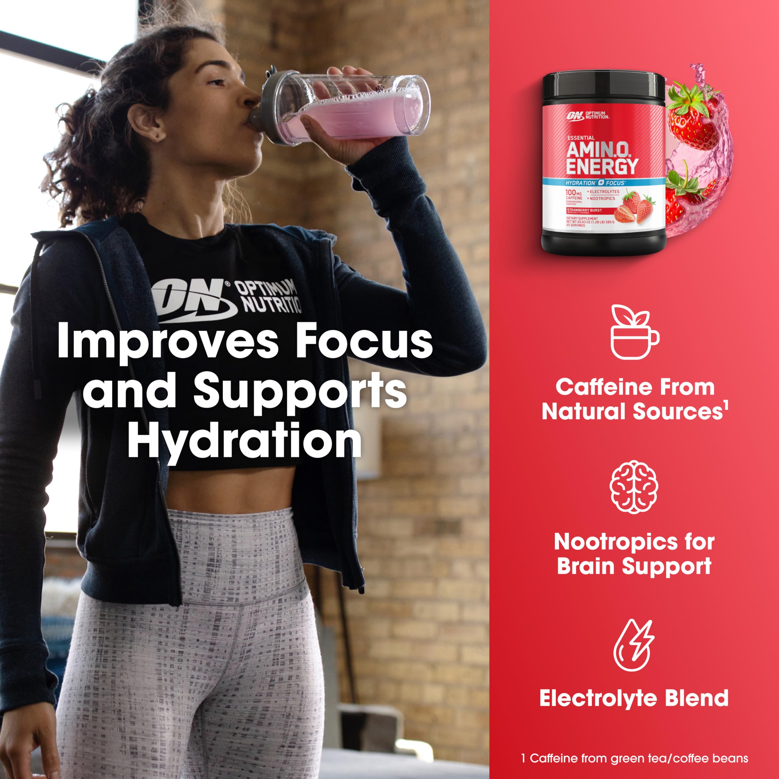 Optimum Nutrition Amino Energy Plus Focus natural caffeine source graphic highlights clean energy.