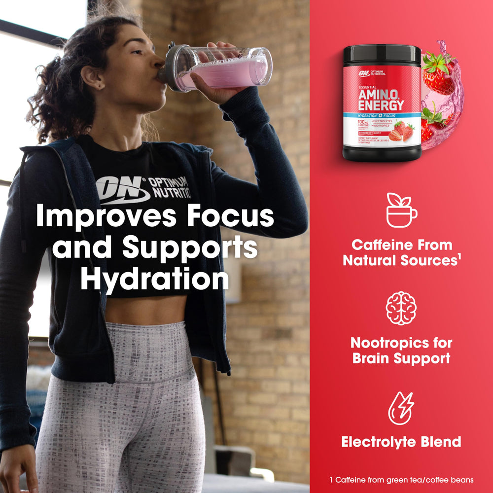 Optimum Nutrition Amino Energy Plus Focus natural caffeine source graphic highlights clean energy.