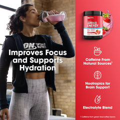 Optimum Nutrition Amino Energy Plus Focus natural caffeine source graphic highlights clean energy.