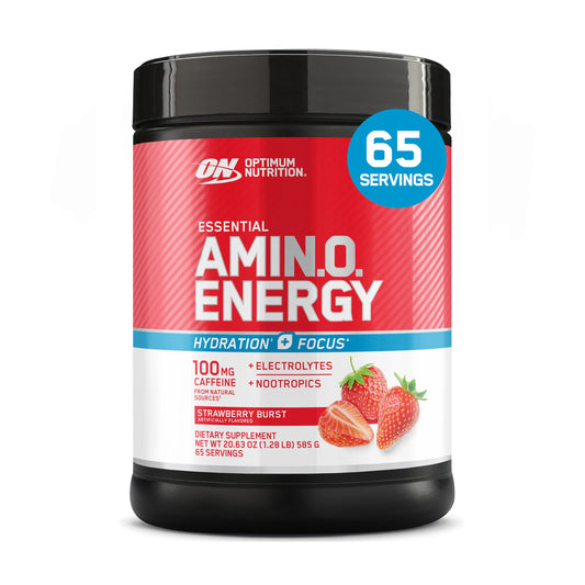 Optimum Nutrition Amino Energy Plus Focus Strawberry Burst tub ready for mixing energy and focus.