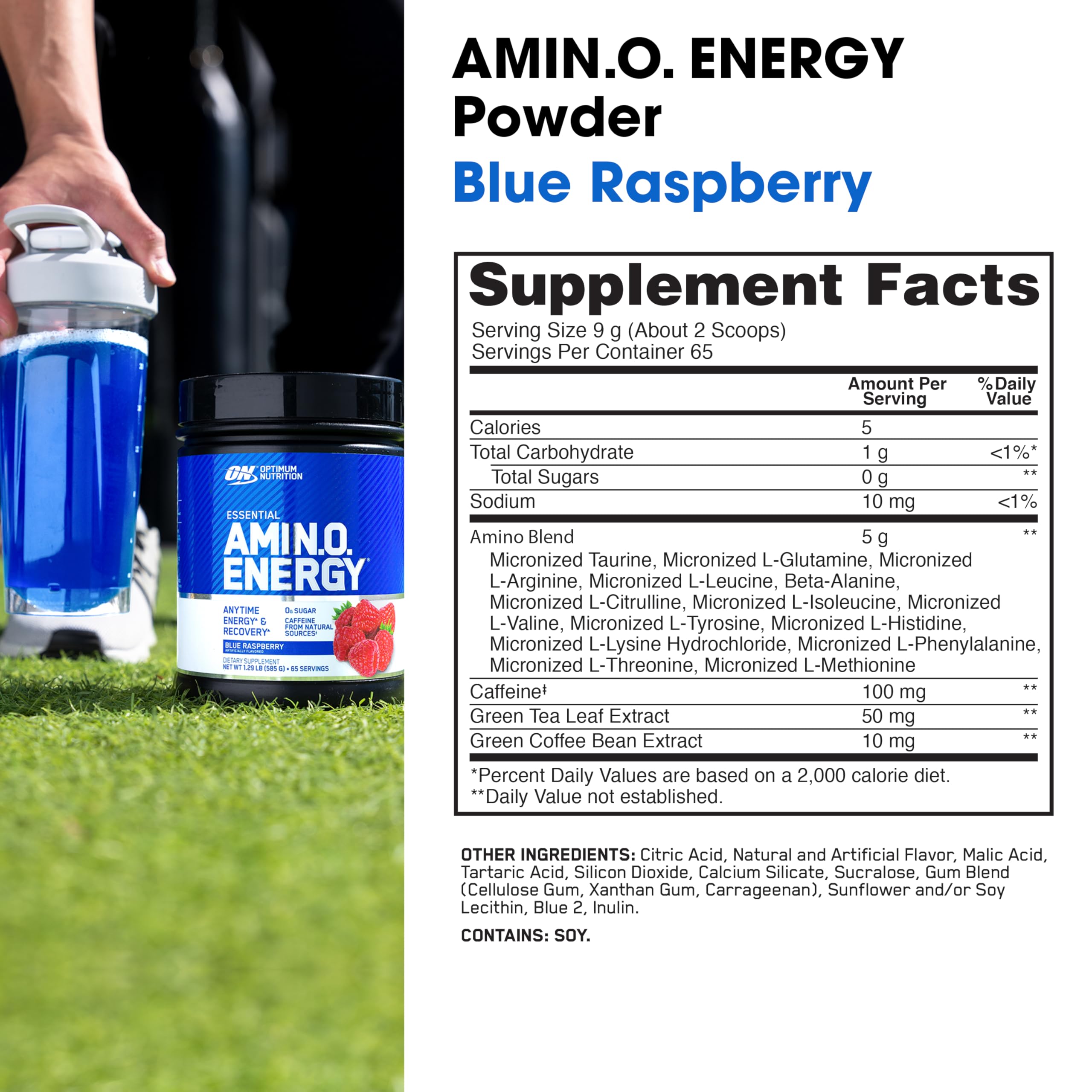 Optimum Nutrition Amino Energy scoop beside tub shows easy measuring for workouts.