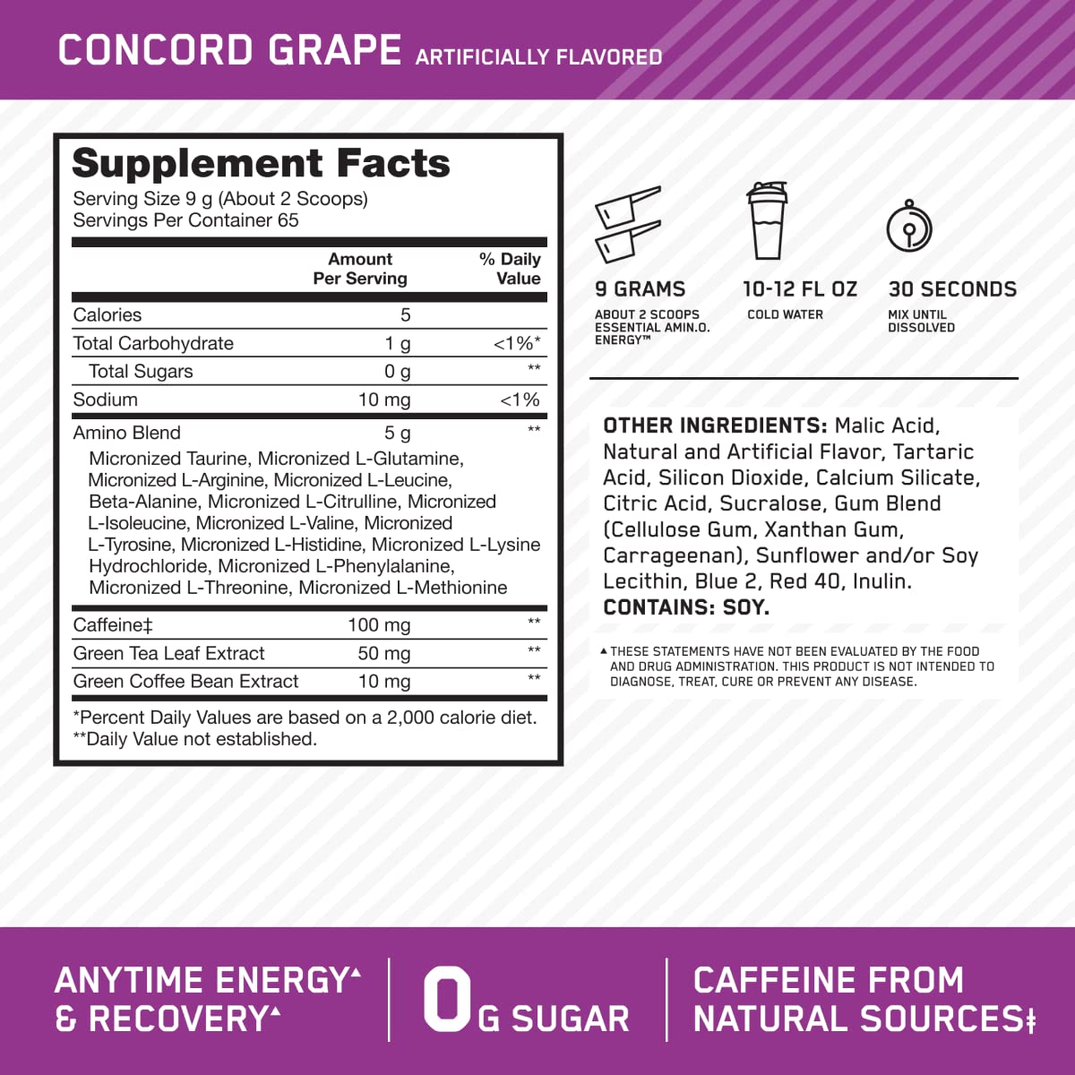 Optimum Nutrition Amino Energy Concord Grape tub label shows amino blend and caffeine