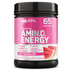 Optimum Nutrition Amino Energy watermelon tub shows flavor profile for pre-workout use.