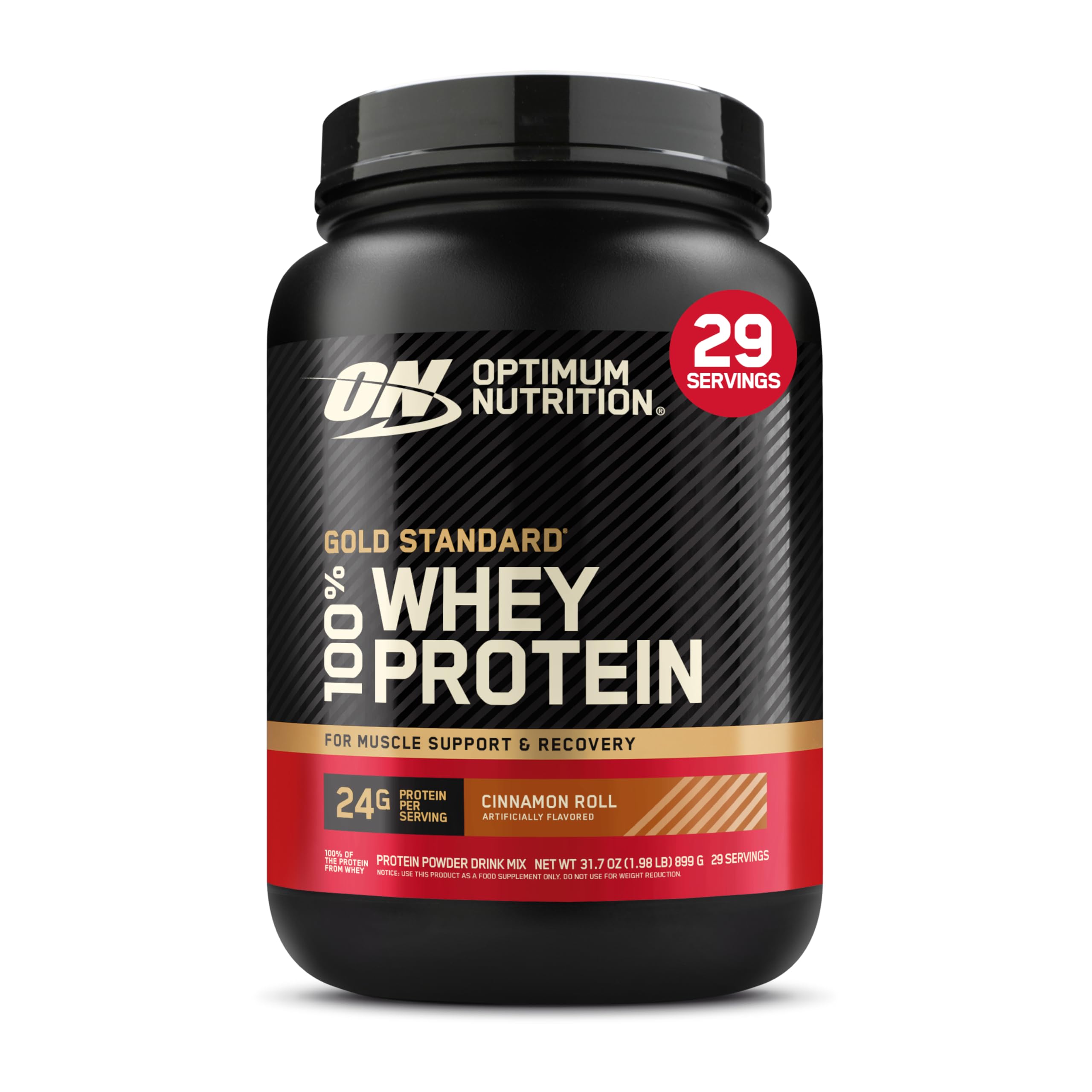 Optimum Nutrition Cinnamon Roll whey powder can, showing post-workout protein support