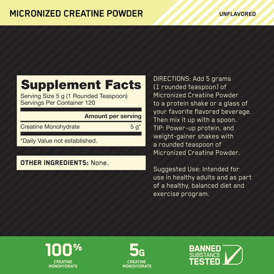 Optimum Nutrition creatine monohydrate 5 g serving supports consistent workouts