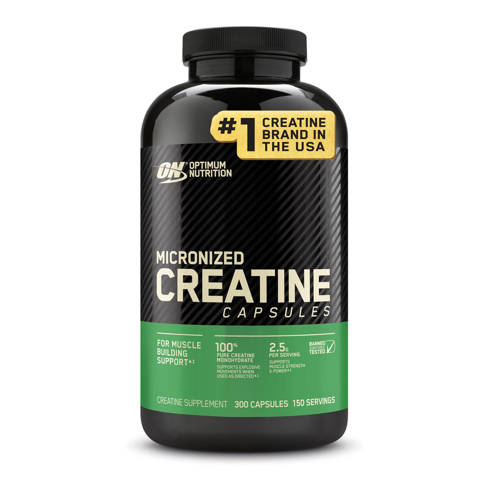 Optimum Nutrition Creatine Monohydrate capsules bottle showing 2.5g serving for strength