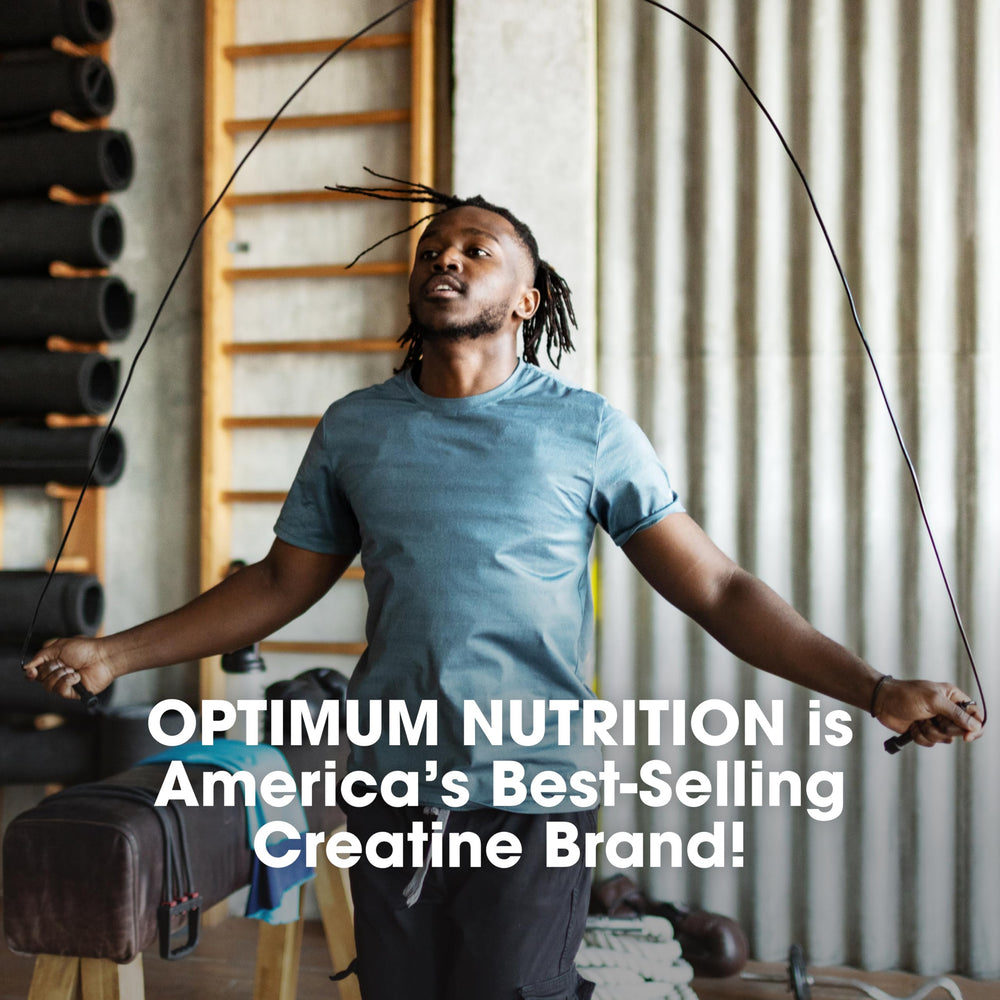 Optimum Nutrition Creatine Monohydrate bottle beside protein powder for pre- or post-workout use