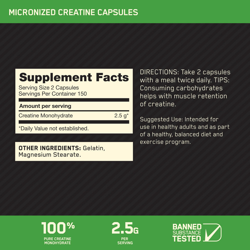 Optimum Nutrition Creatine Monohydrate capsules two-capsule serving demonstrates easy dosing for workouts