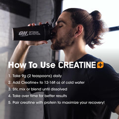 Optimum Nutrition Creatine Monohydrate Plus label close-up reveals ingredients.