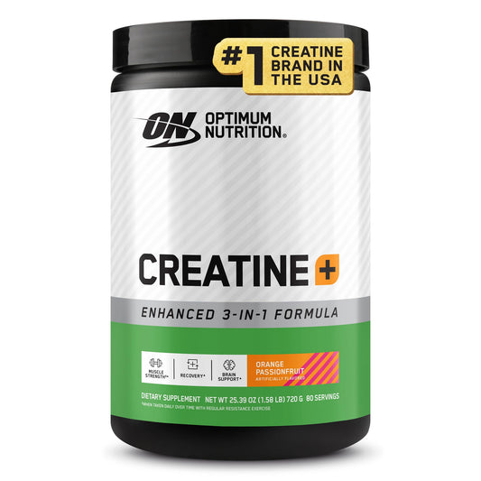 Optimum Nutrition Creatine Monohydrate Plus orange passionfruit front label emphasizing performance support