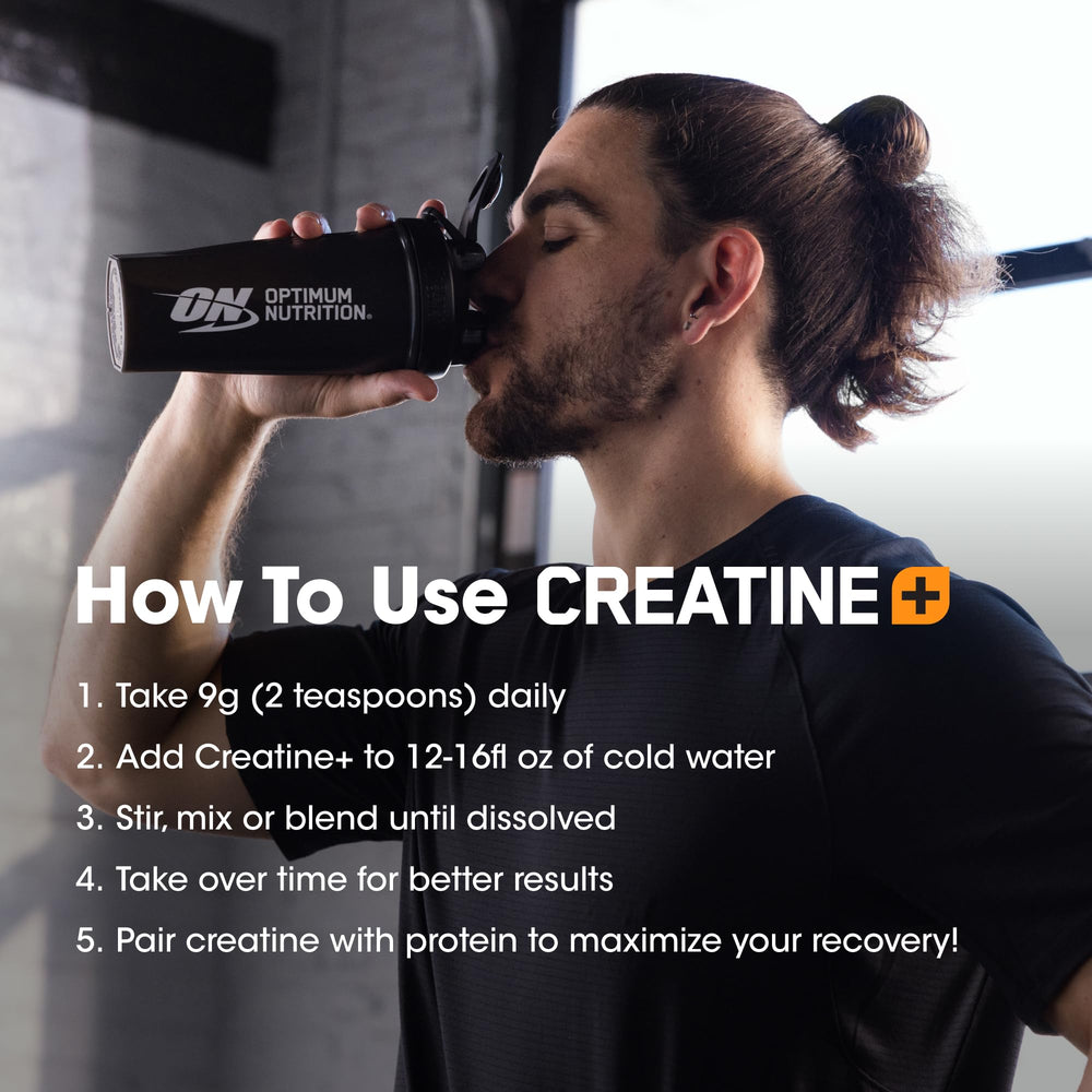 Optimum Nutrition Creatine Monohydrate Plus orange passionfruit mix dissolving into water