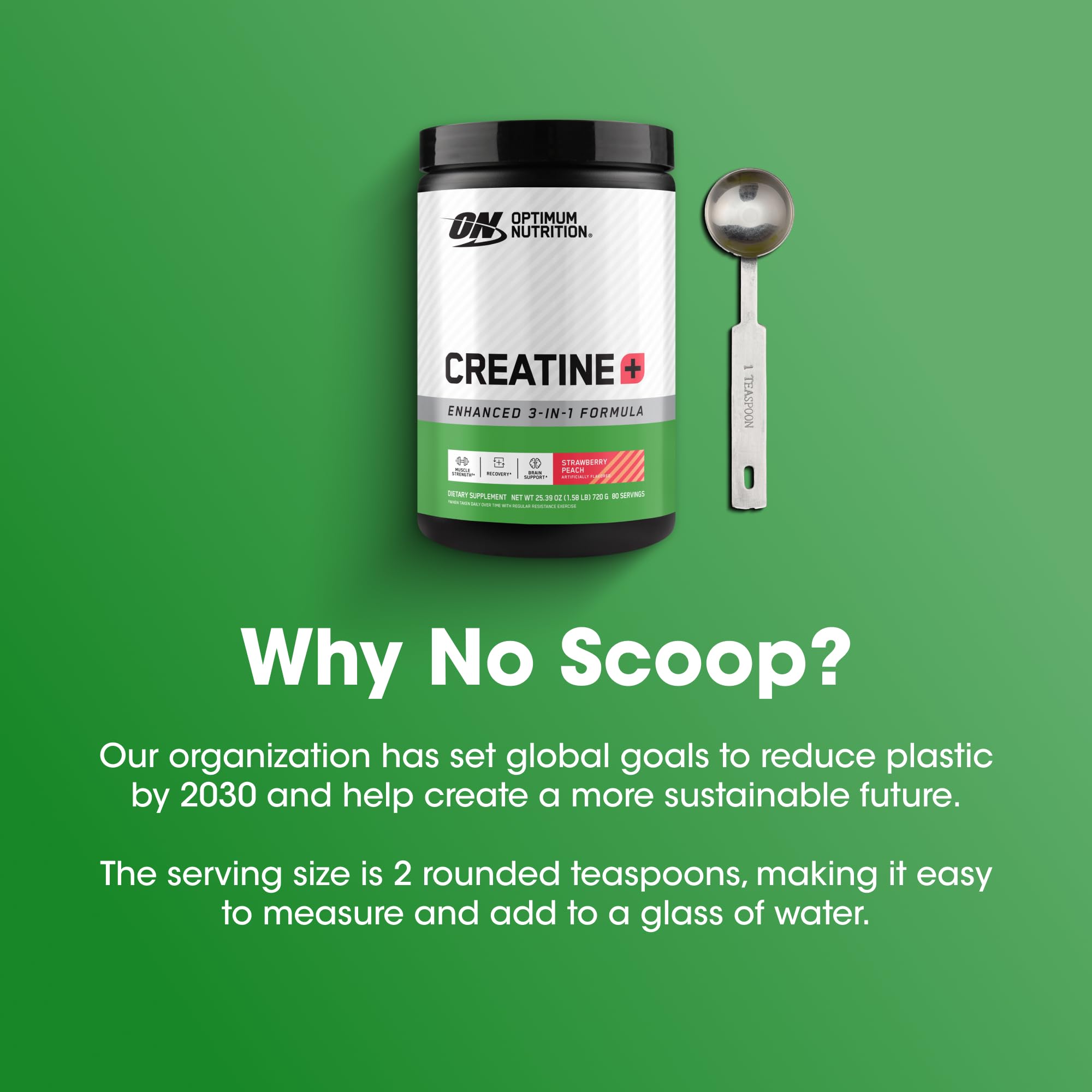 Optimum Nutrition Creatine Monohydrate Plus storage tub on kitchen counter.