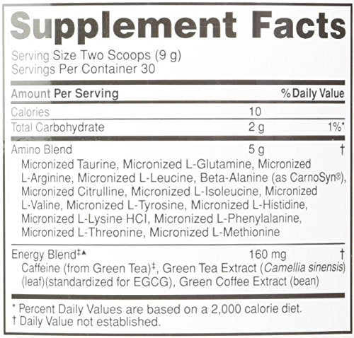 Optimum Nutrition Essential Amino Energy Concord Grape ingredients image highlights amino acids and flavor profile.