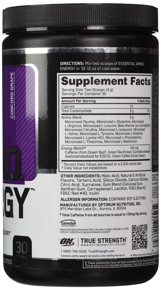 Optimum Nutrition Essential Amino Energy Concord Grape label closeup highlights ingredients and flavor.