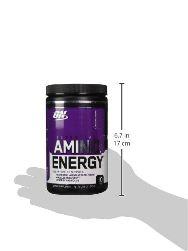Optimum Nutrition Essential Amino Energy Concord Grape powder in glass shows a refreshing drink.