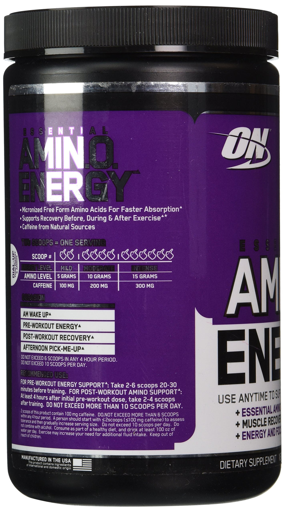 Optimum Nutrition Essential Amino Energy Concord Grape scoop, ready to mix for hydration and focus.