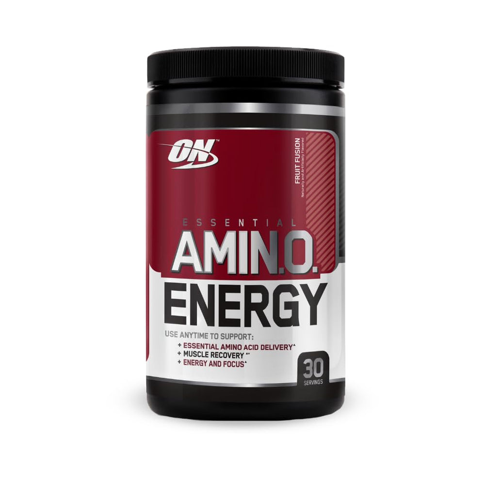 Optimum Nutrition Essential Amino Energy Fruit Fusion tub front, low-calorie pre-workout option