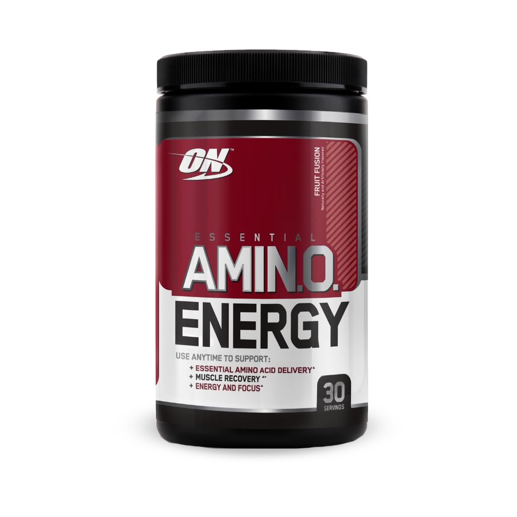 Optimum Nutrition Essential Amino Energy Fruit Fusion tub front, low-calorie pre-workout option