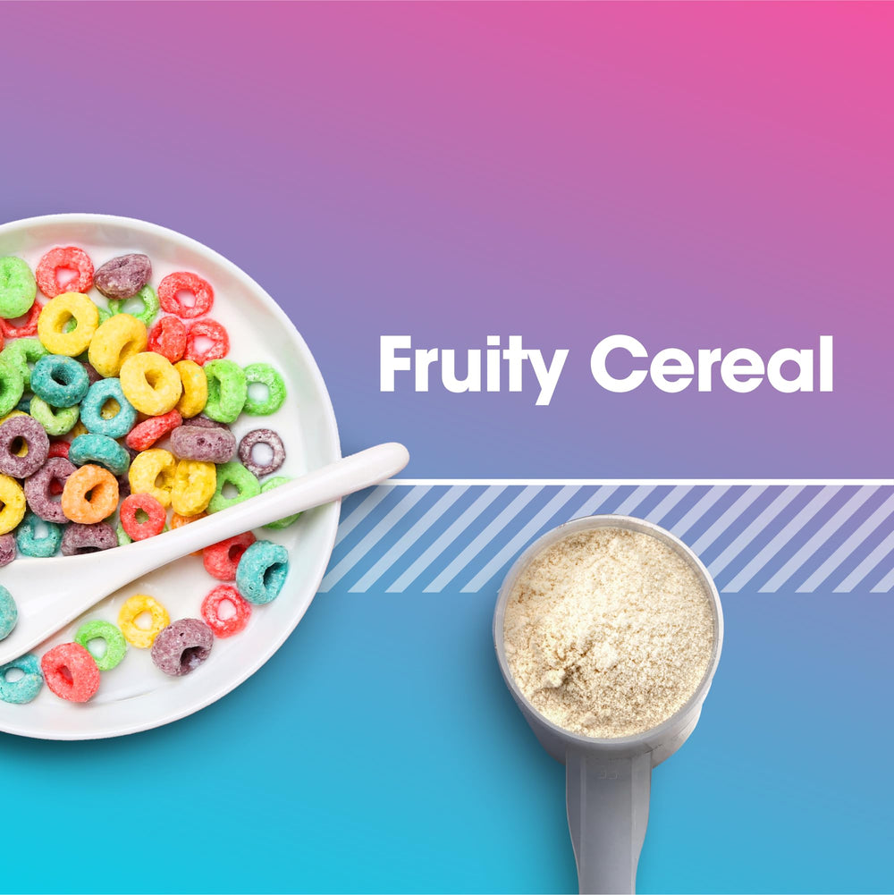 Optimum Nutrition Fruity Cereal whey label close-up highlighting whey isolate benefits.