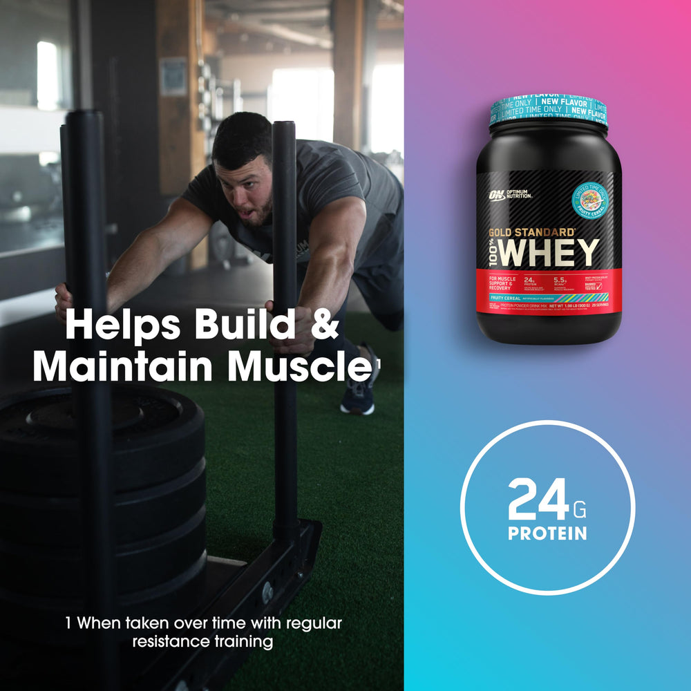 Optimum Nutrition Fruity Cereal whey mixed shake in glass with smooth texture.