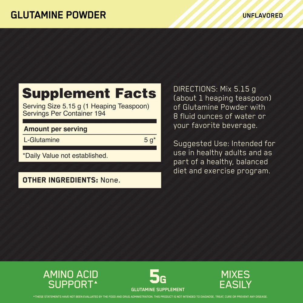 Optimum Nutrition L-Glutamine powder scoop shows 5 g servings for easy dosing