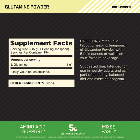 Optimum Nutrition L-Glutamine powder scoop shows 5 g servings for easy dosing