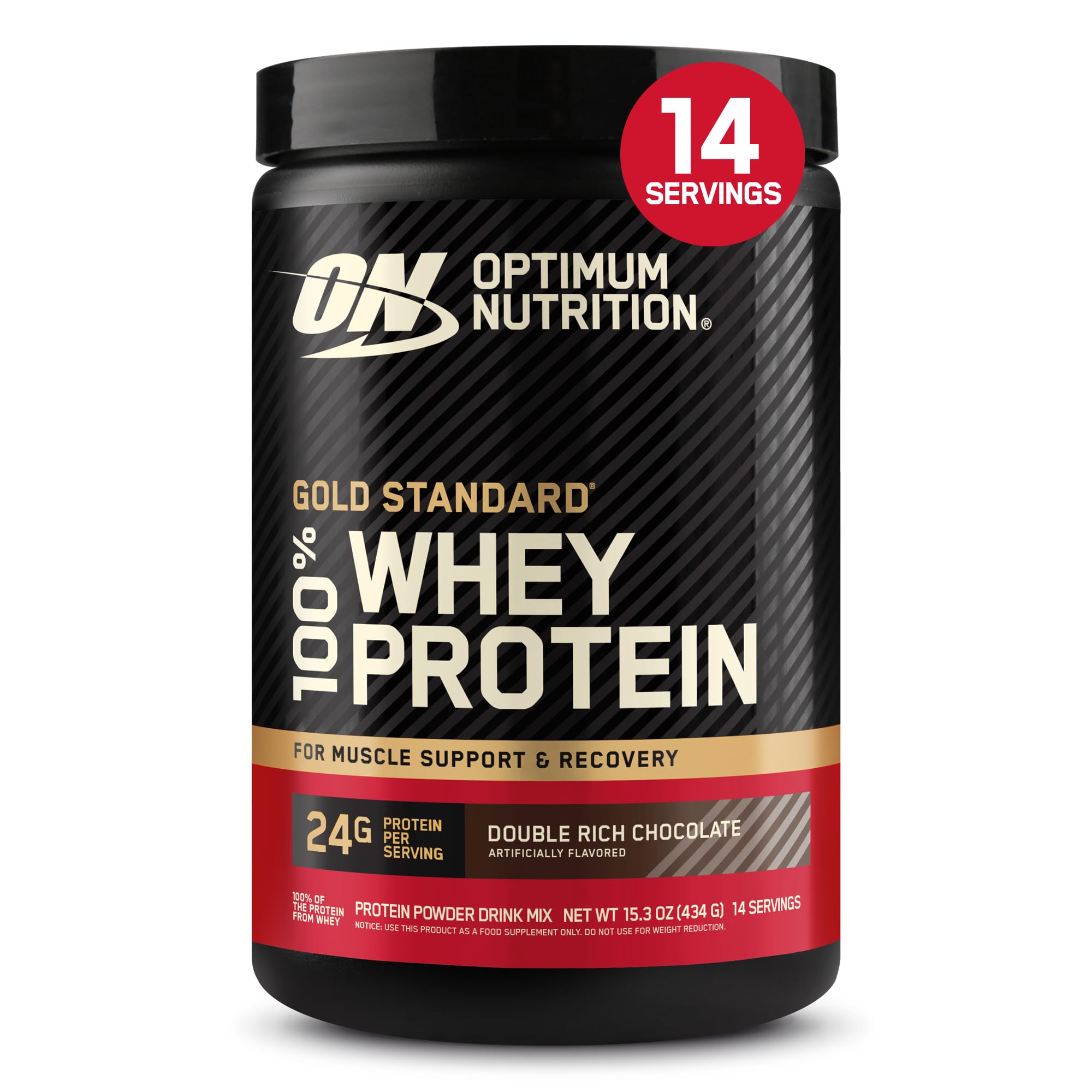 Optimum Nutrition Gold Standard 100% Whey Double Rich Chocolate front view highlighting protein quality for muscle support