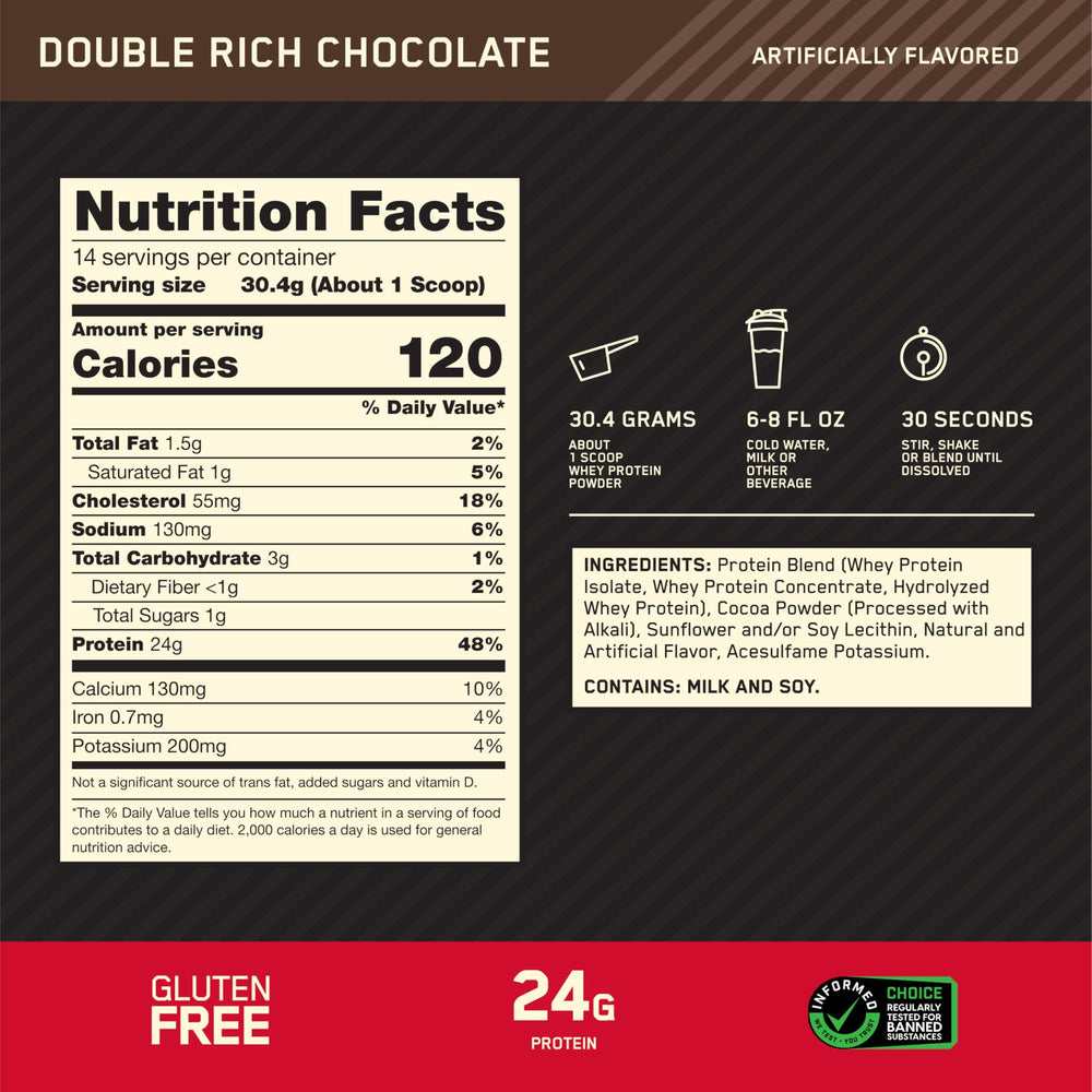 Optimum Nutrition Gold Standard 100% Whey nutrition facts label featuring 24g protein per scoop