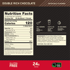 Optimum Nutrition Gold Standard 100% Whey nutrition facts label featuring 24g protein per scoop