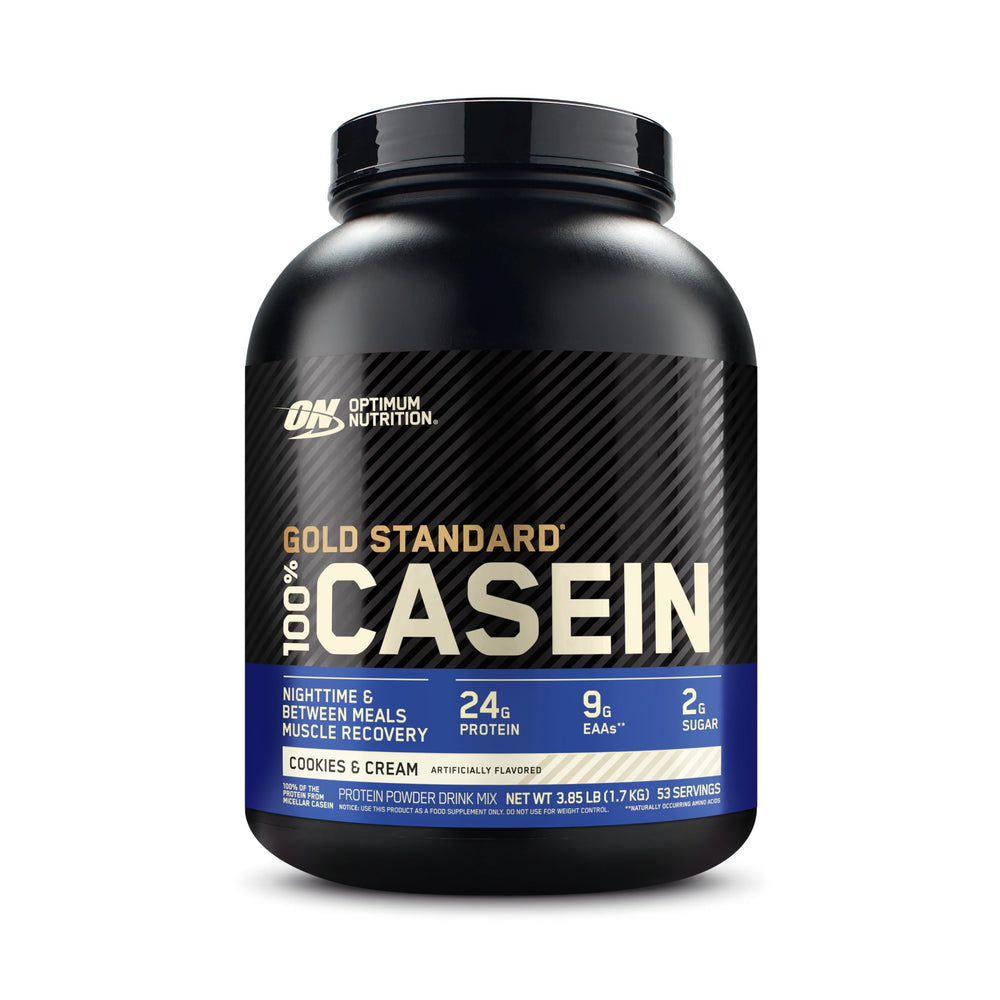 Optimum Nutrition Gold Standard Casein Cookies and Cream tub, slow-digesting protein visual