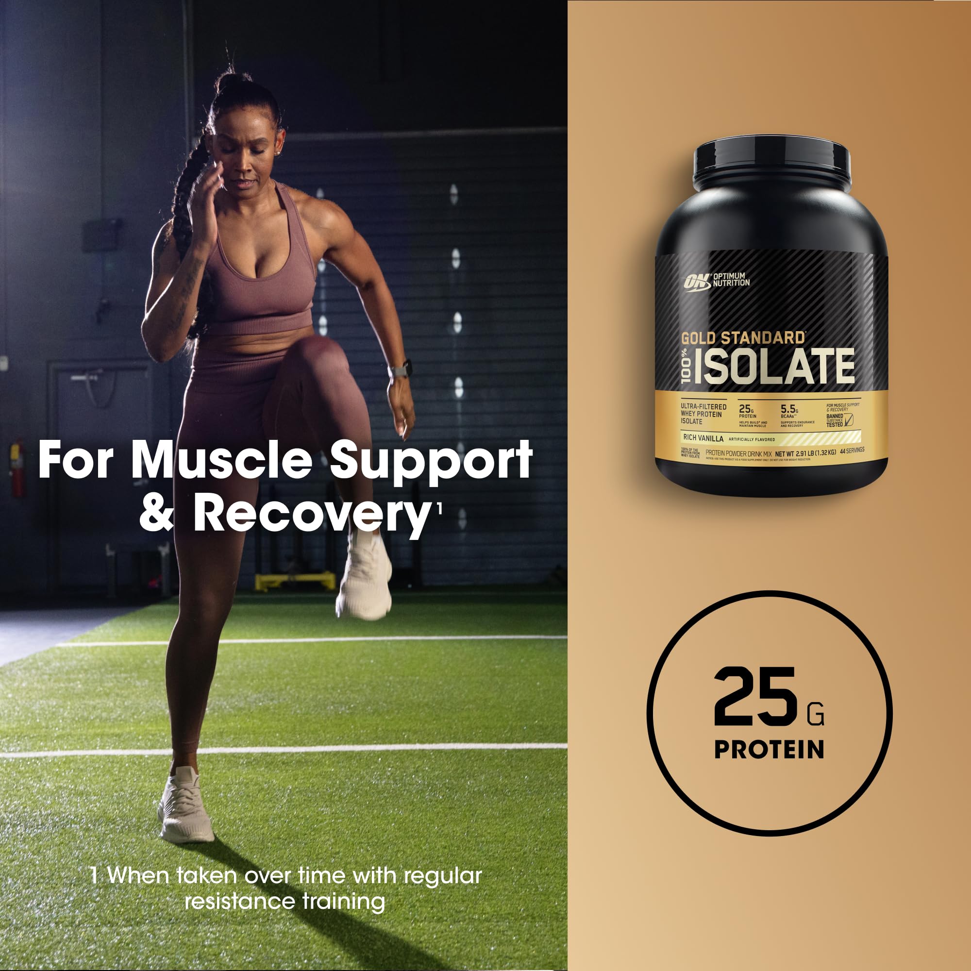 Optimum Nutrition Gold Standard Isolate measuring cup ready to mix vanilla powder.