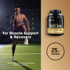 Optimum Nutrition Gold Standard Isolate measuring cup ready to mix vanilla powder.