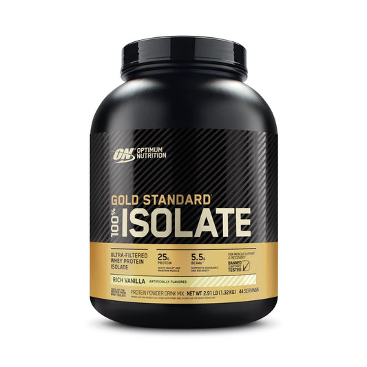 Optimum Nutrition Gold Standard Isolate vanilla bottle shows a high-protein powder for workouts.