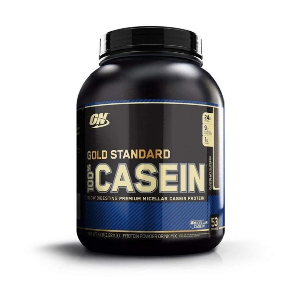 Optimum Nutrition Gold Standard Micellar Casein Chocolate Supreme bottle pour, supports overnight recovery