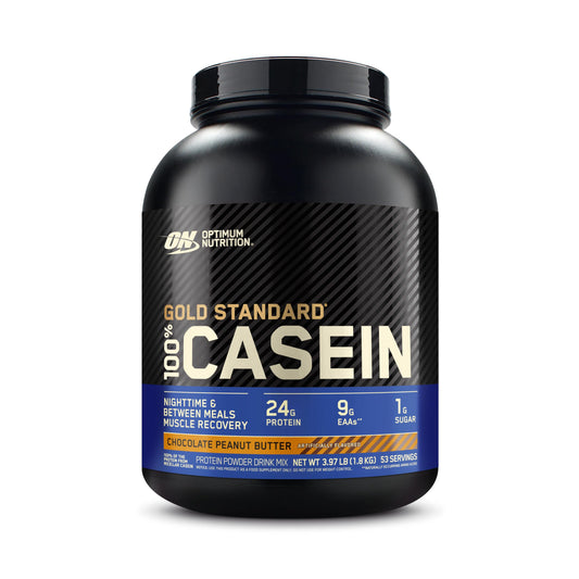 Optimum Nutrition Gold Standard micellar casein powder in Chocolate Peanut Butter, ideal overnight recovery