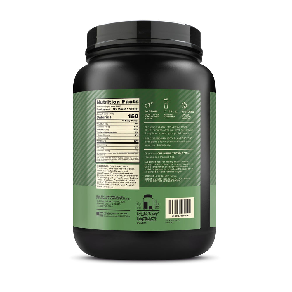 Prepared shake in glass using Optimum Nutrition plant-based protein