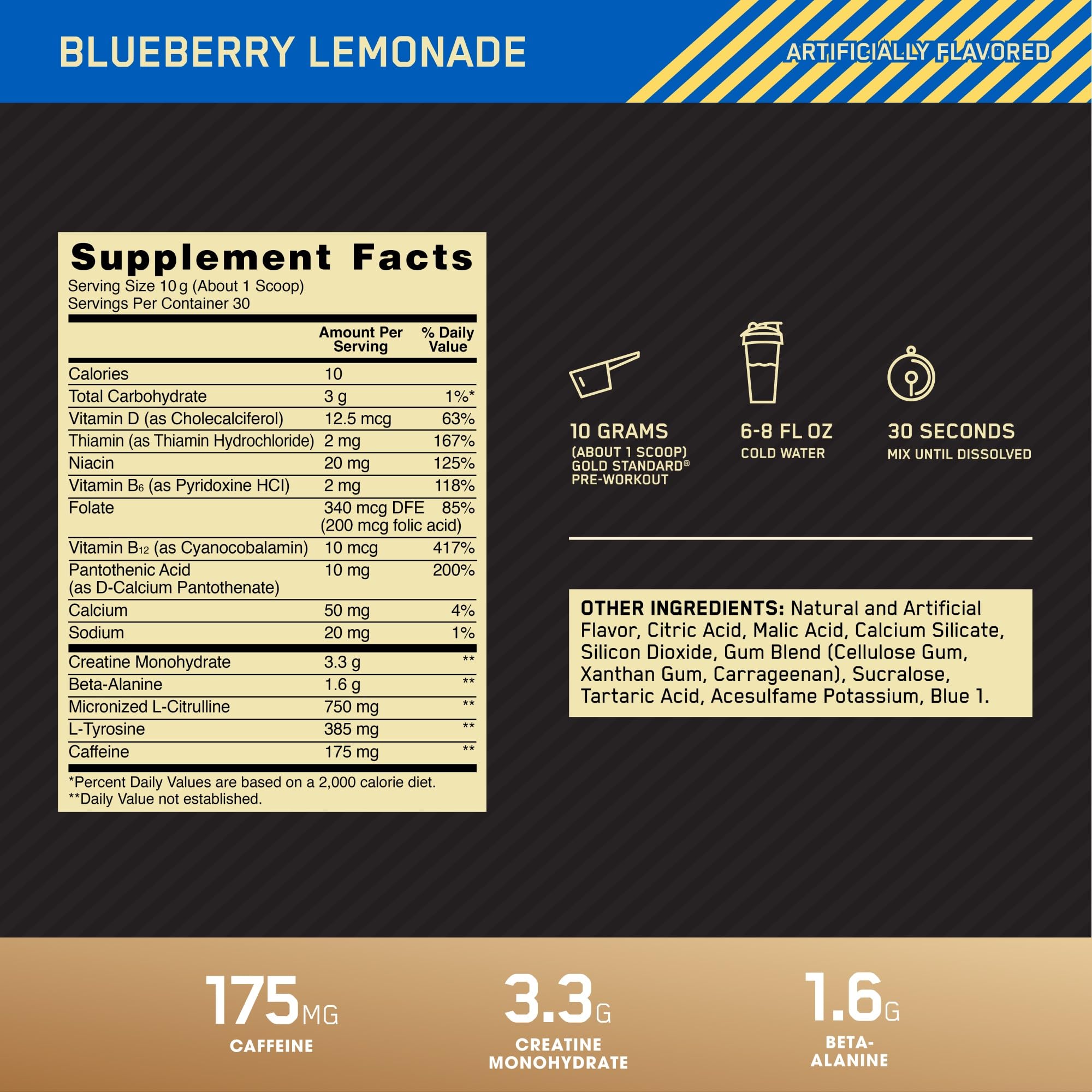 Optimum Nutrition pre-workout caffeine-rich scoop highlights energy and focus