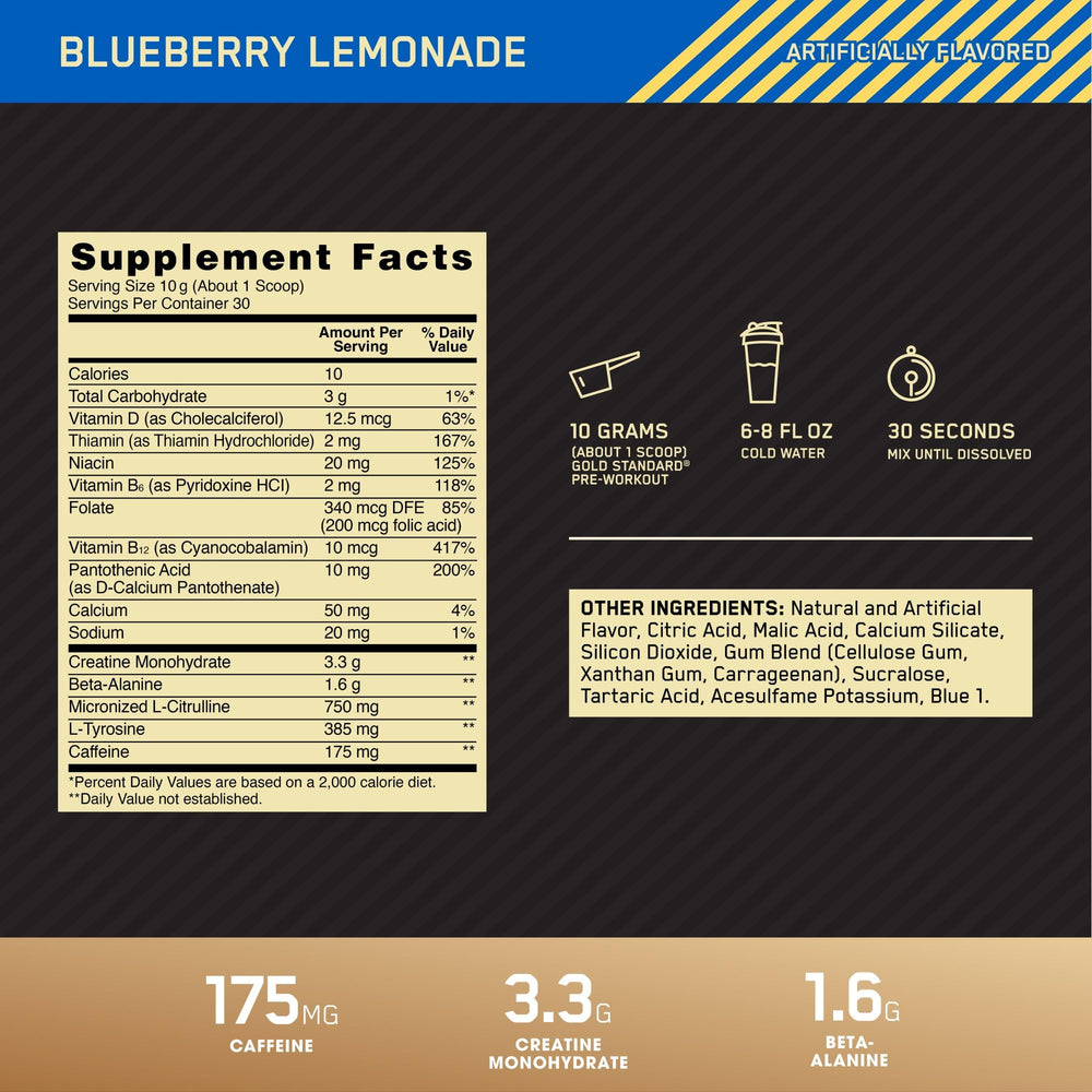 Optimum Nutrition pre-workout caffeine-rich scoop highlights energy and focus