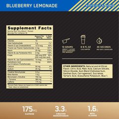 Optimum Nutrition pre-workout caffeine-rich scoop highlights energy and focus