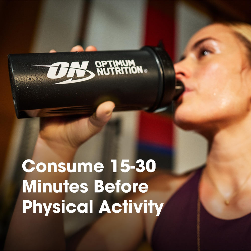 Optimum Nutrition pre-workout jar close-up showing label and ingredients for clarity