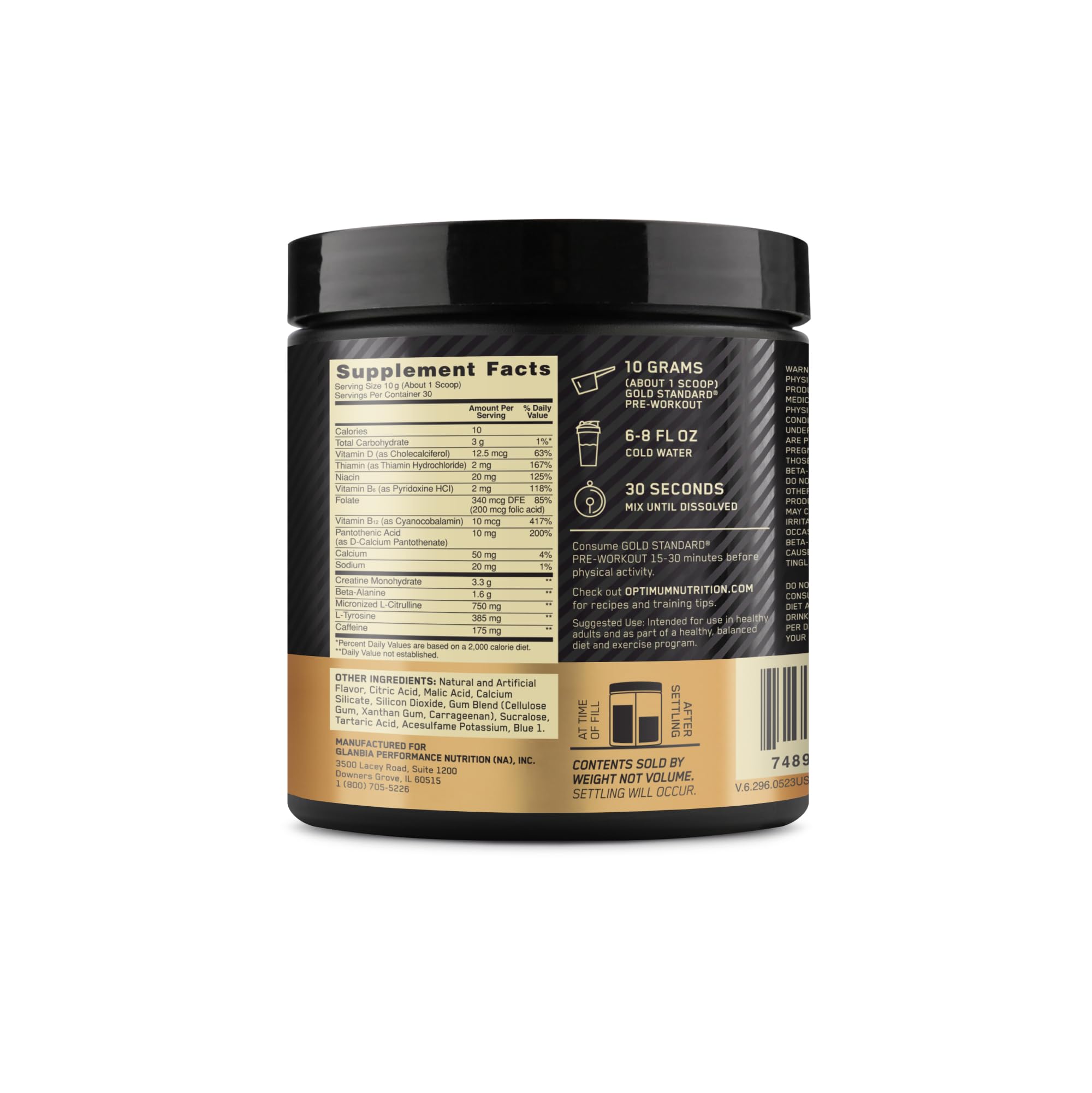 Optimum Nutrition pre-workout serving scoop beside timer for planning sessions