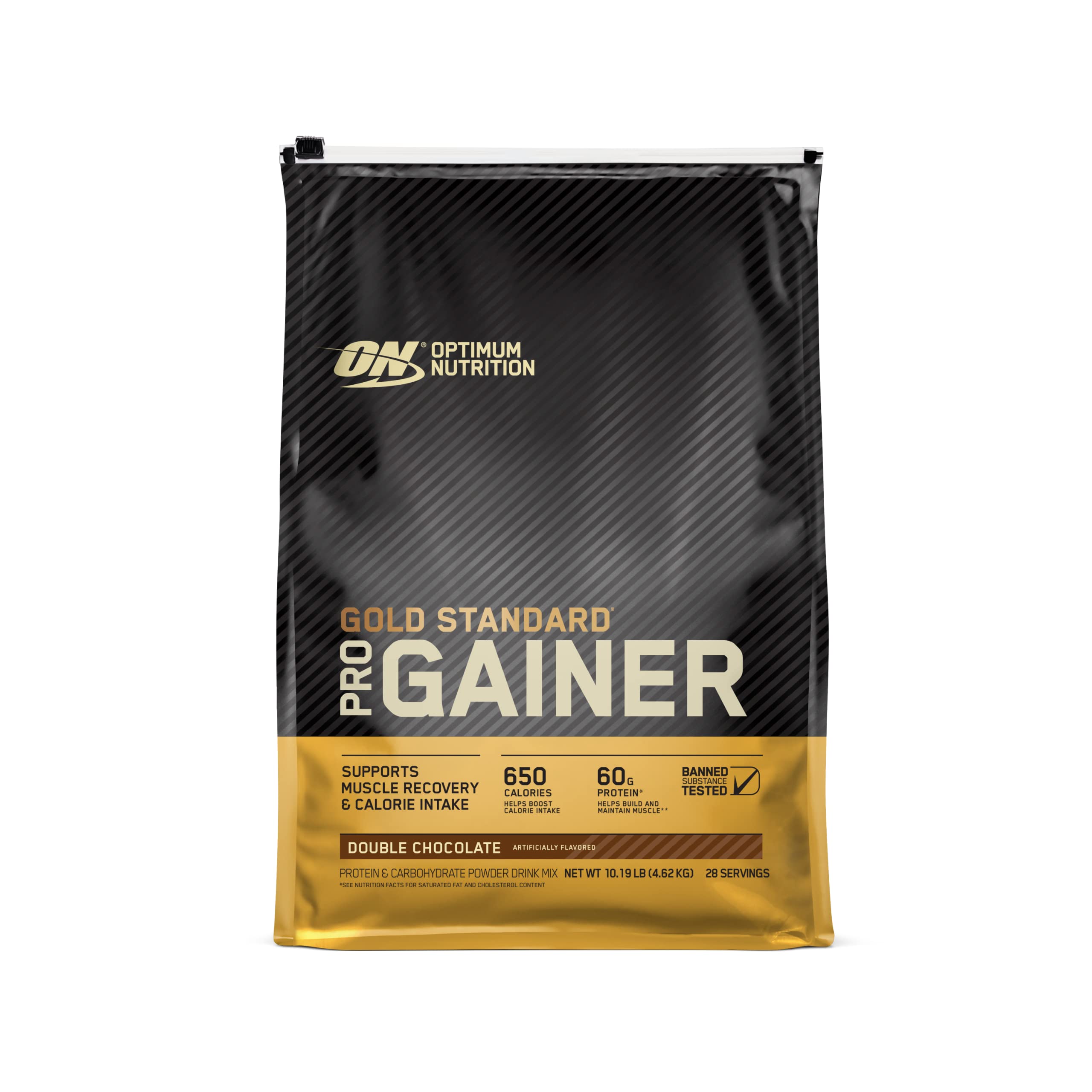 Optimum Nutrition Gold Standard Pro Gainer bottle showing calorie-dense formula for muscle support.