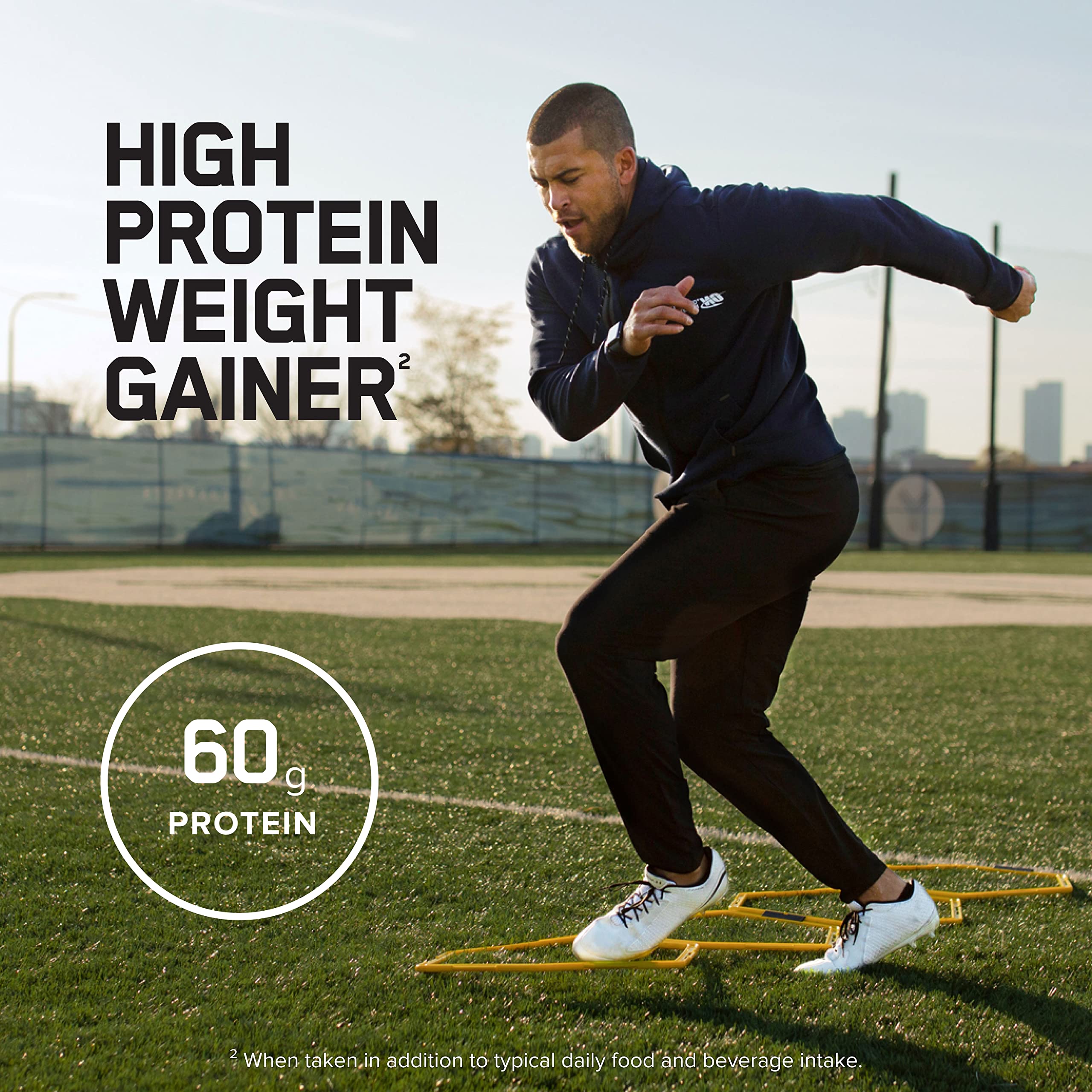 Nutrition label on Pro Gainer emphasizes protein and carbs per serving for fueling.