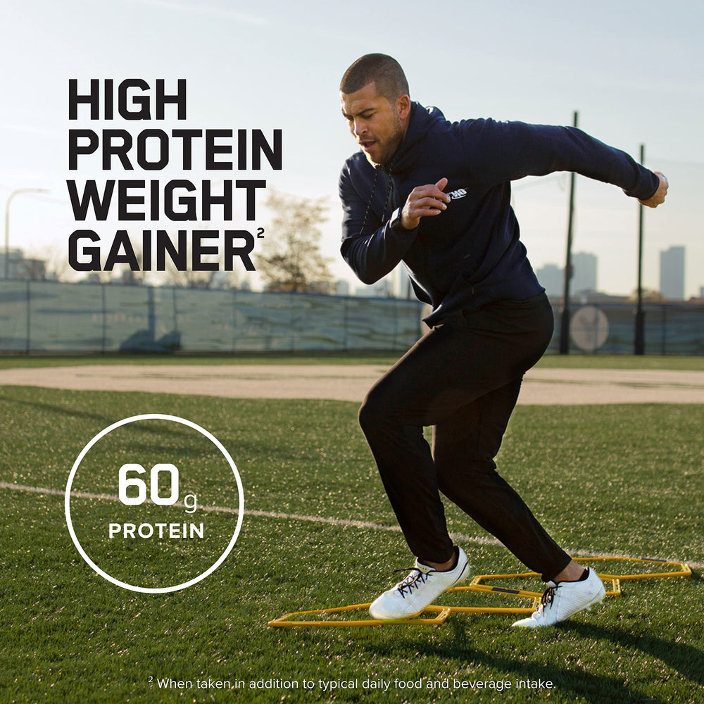 Nutrition label on Pro Gainer emphasizes protein and carbs per serving for fueling.
