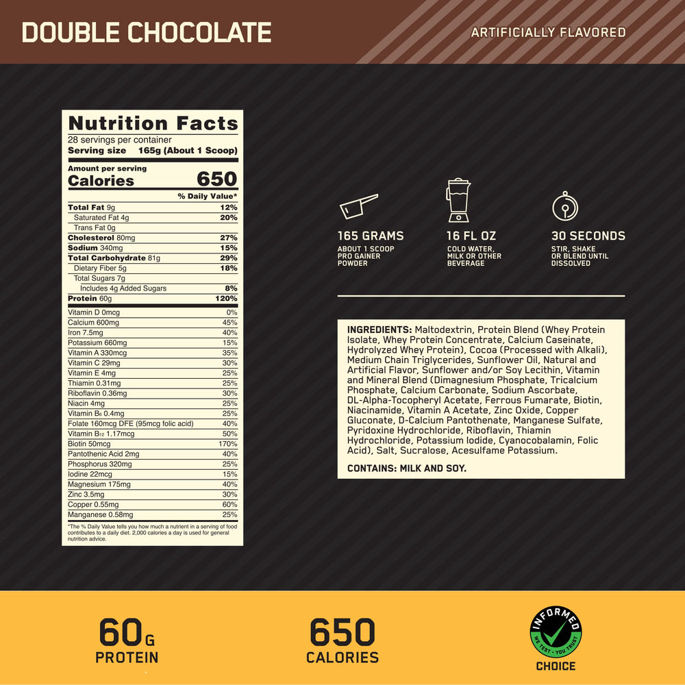 Pro Gainer powder tin highlighting 60g protein per serving for post-workout recovery.