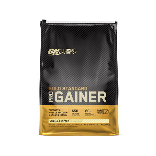 Optimum Nutrition Gold Standard Pro Gainer bottle pour shows high-calorie recovery potential.