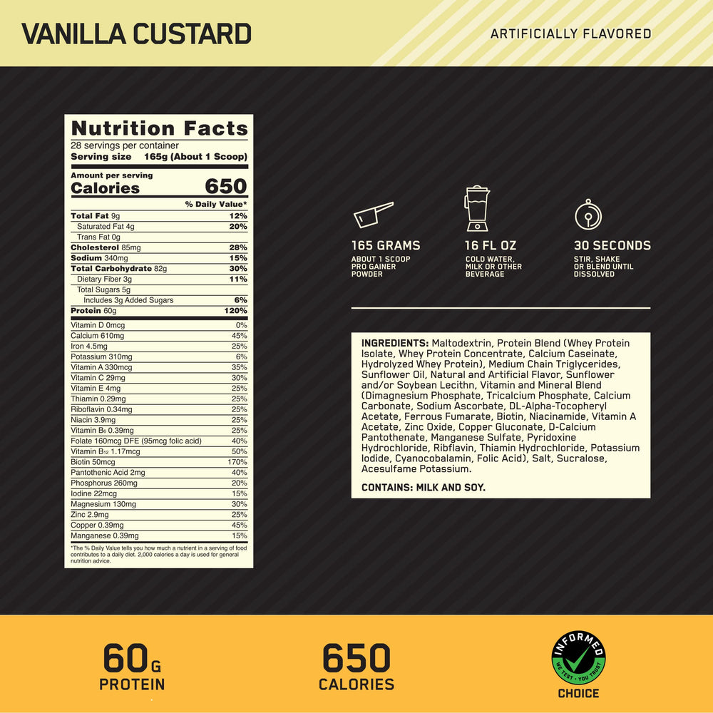 ON Pro Gainer Vanilla Custard scoop highlights 60g protein per serving for muscle support.