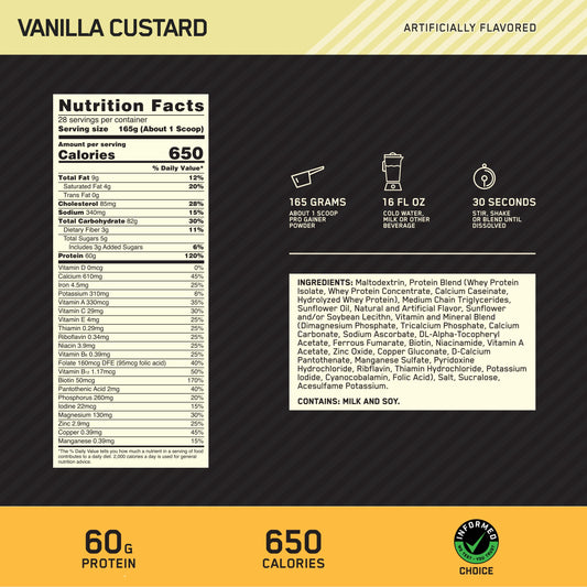 ON Pro Gainer Vanilla Custard scoop highlights 60g protein per serving for muscle support.
